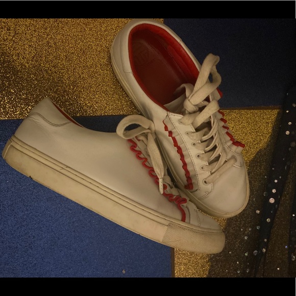 TORY BURCH SPORT RED WHITE LEATHER RUFFLE Sneakers LUX GORG 💚ED RARE COMFY